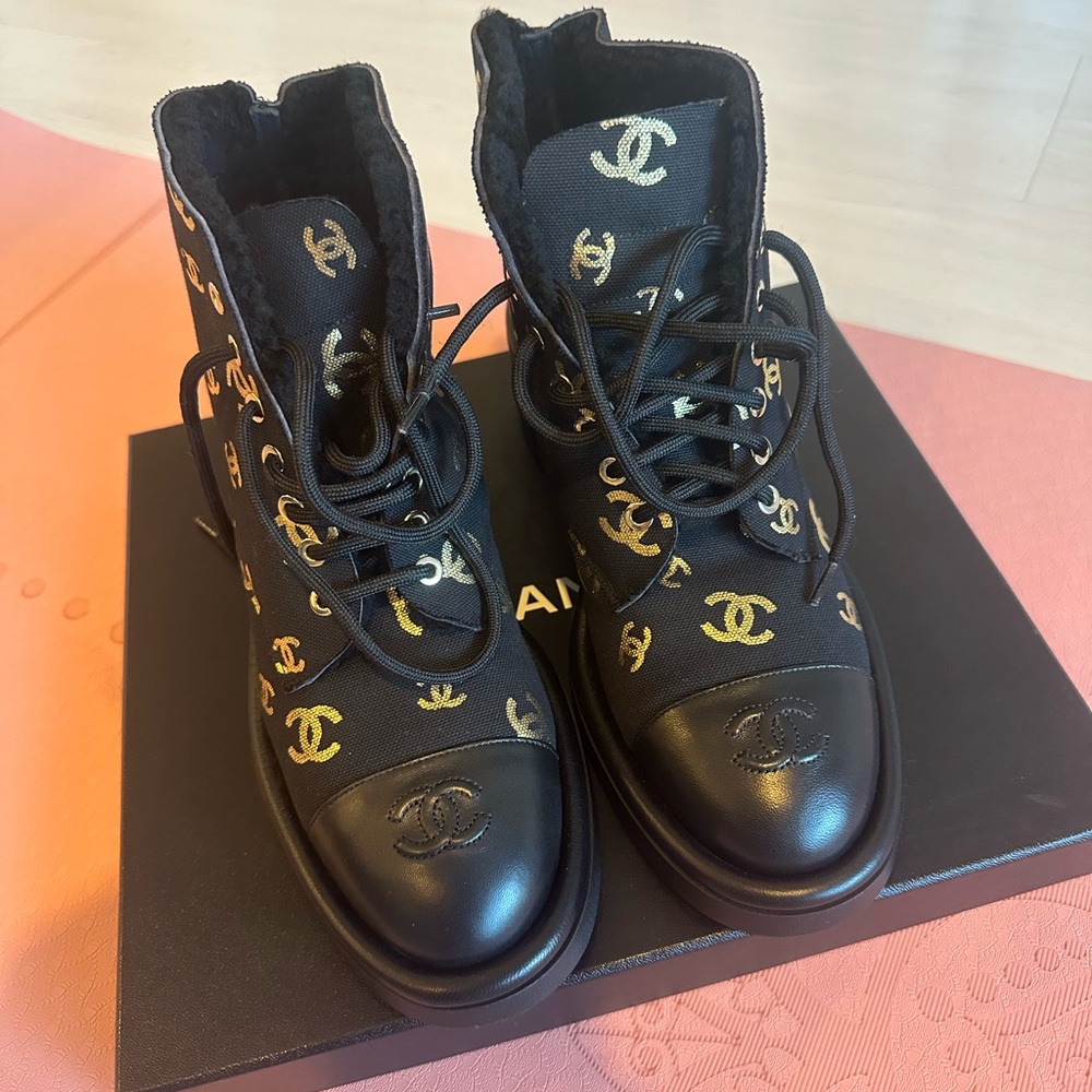 CHANEL Women's Black and Gold Combat Boots